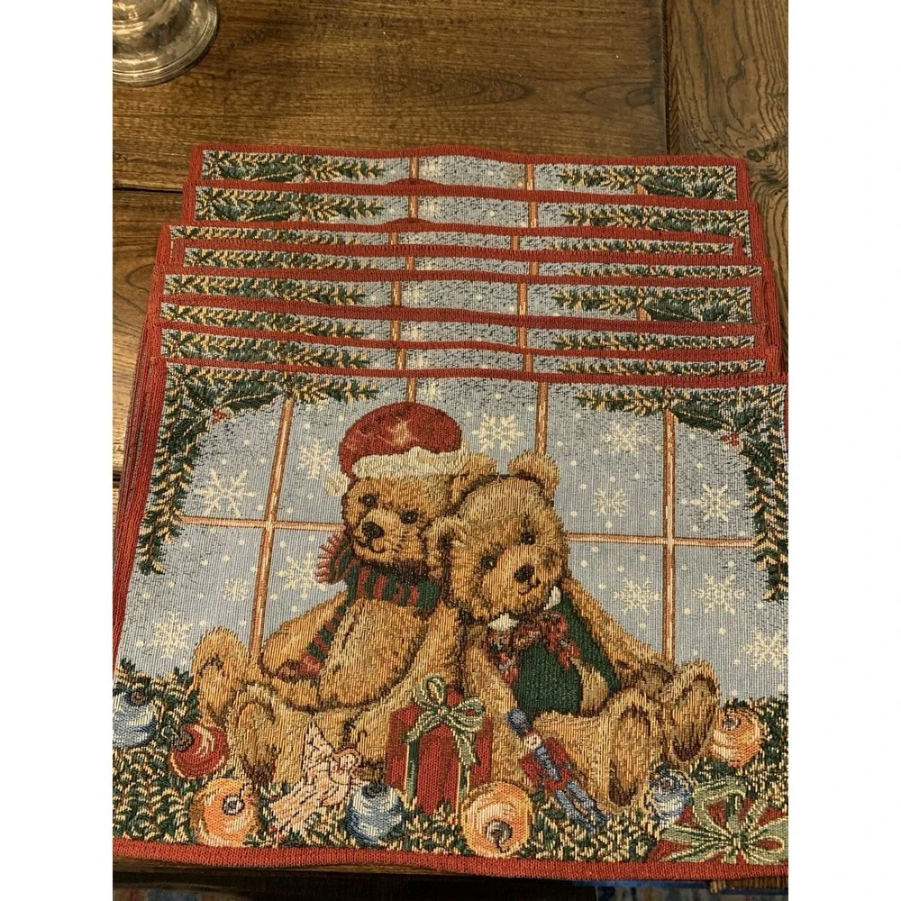 Vintage Teddy Bear Placemats 18x12 In Tapestry Set of 8 Christmas Kitchen Decor